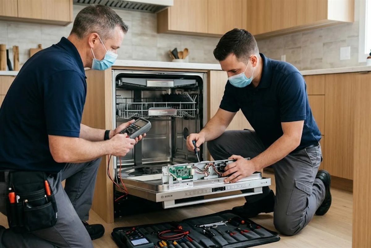 Two technicians testing a dishwasher control board