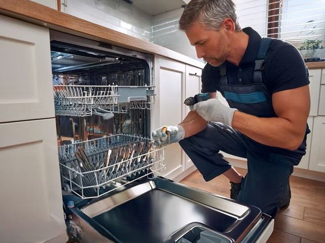 Technician servicing the spray arms and filter of a dishwasher
