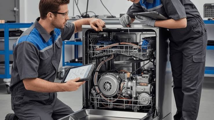 Technicians repairing a dishwasher pump and wiring