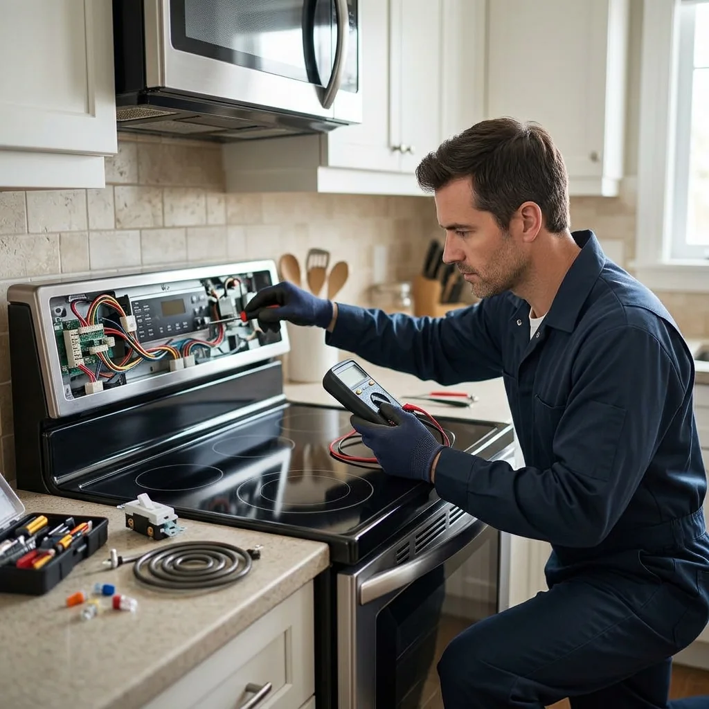 Technician repairing an electric cooking range