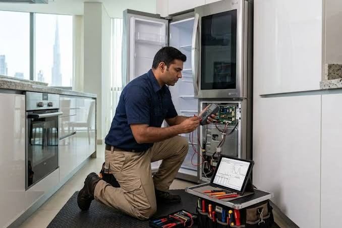 Technician testing a refrigerator control board