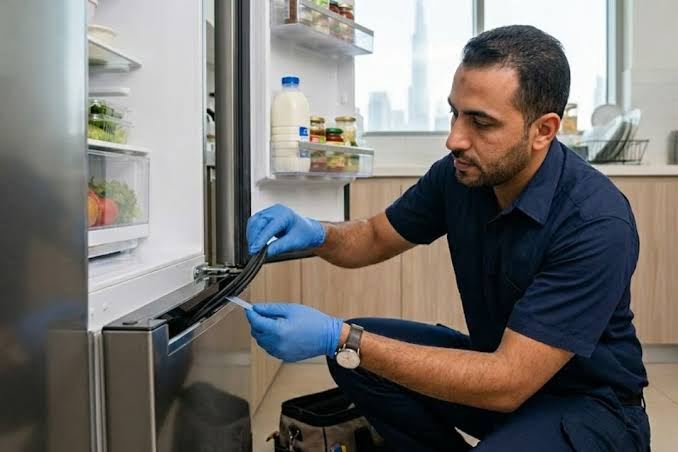 Technician replacing a refrigerator door seal