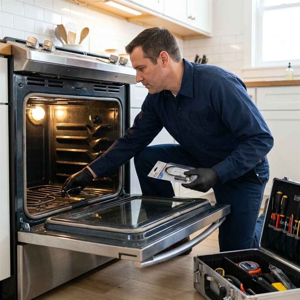 Technician replacing an oven heating element