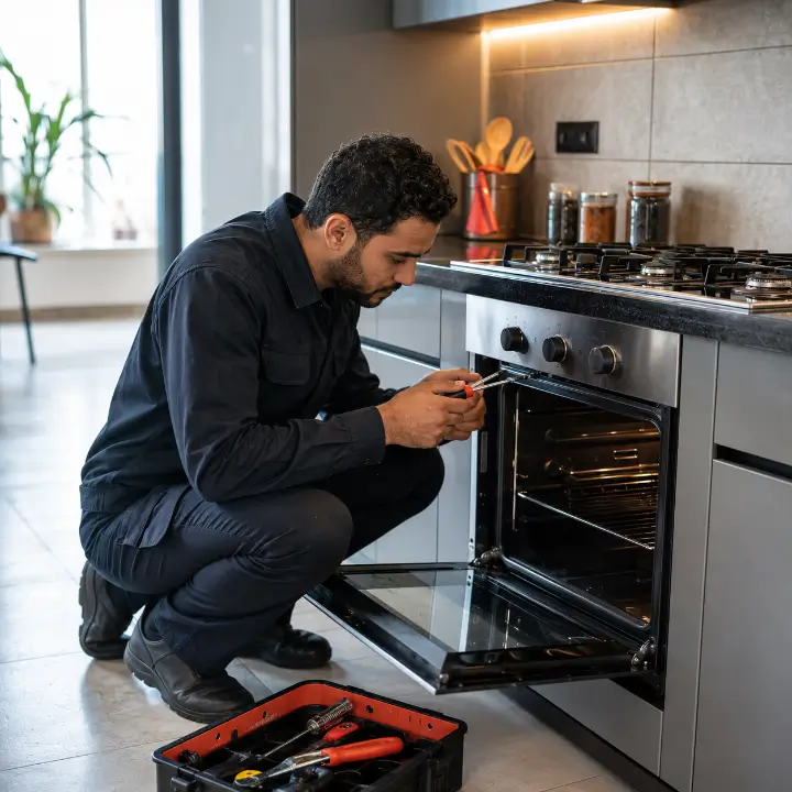 Technician repairing a built-in oven in Dubai