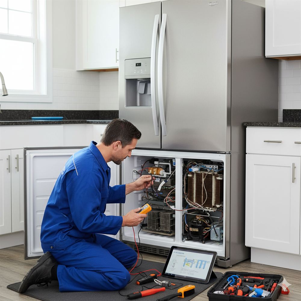 Technician running compressor diagnostics on a fridge