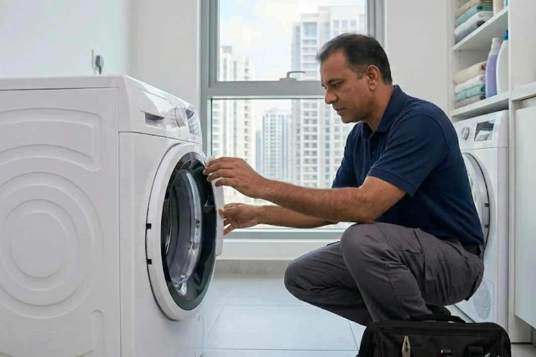 Technician repairing a washing machine door lock