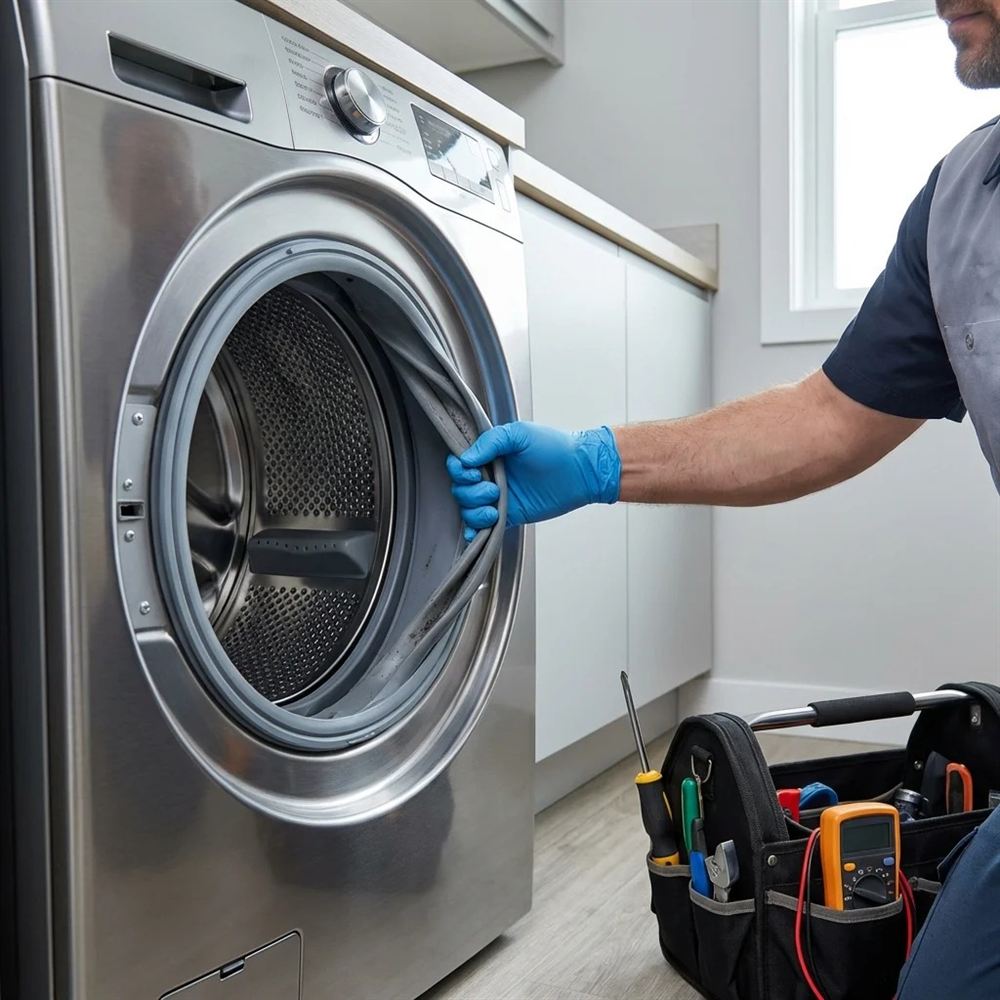Technician replacing a washing machine door seal