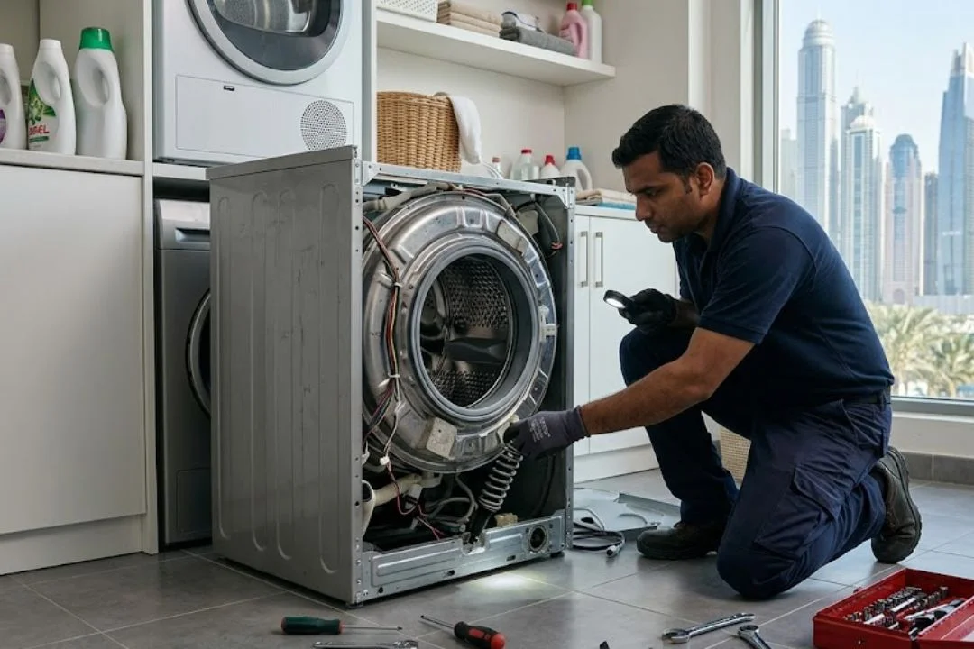 Technician working on a washing machine drum assembly