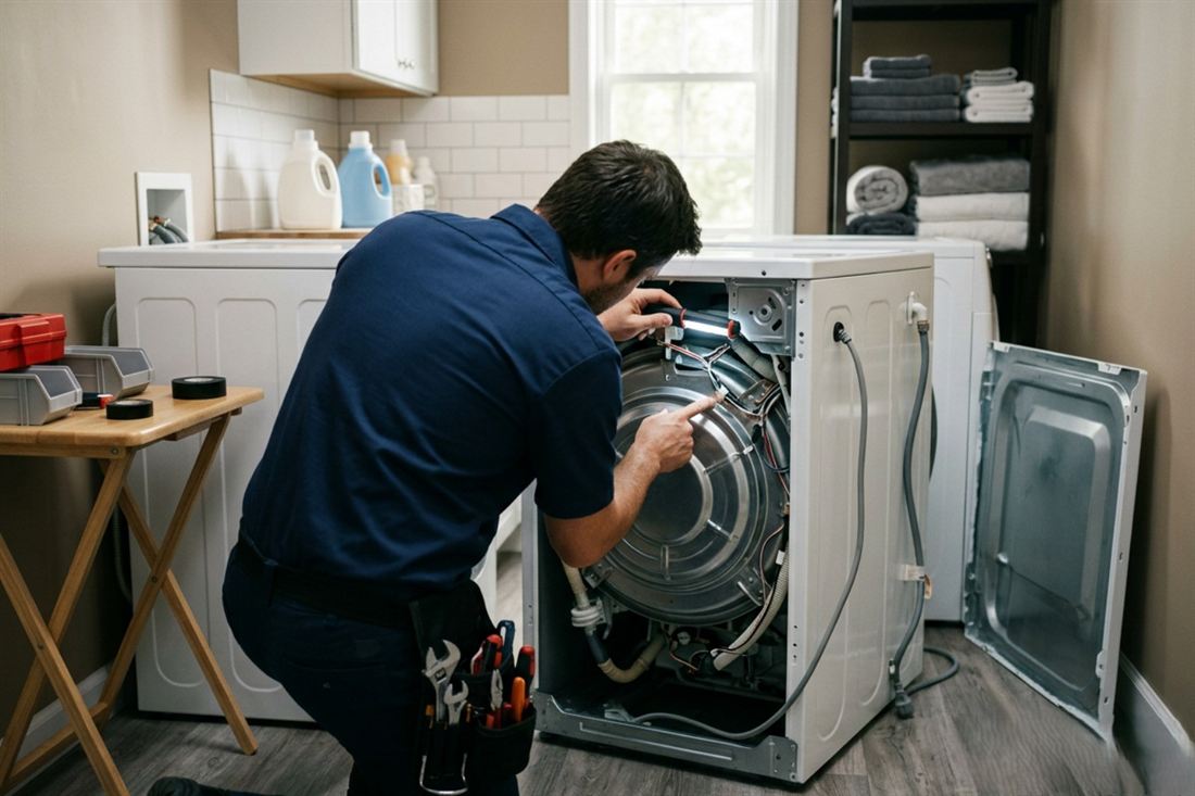 Technician repairing a washing machine motor and belt