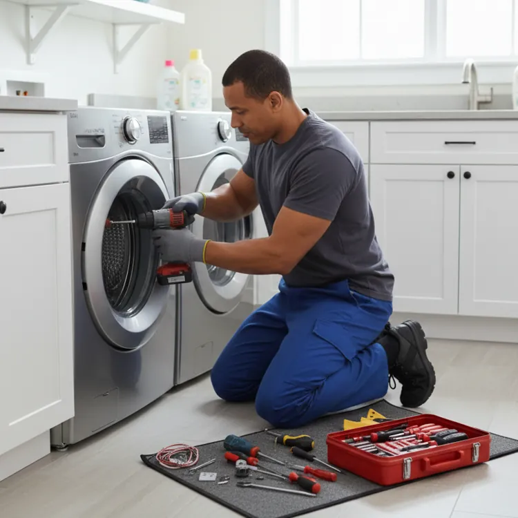 Washing machine pulled out with a technician toolkit